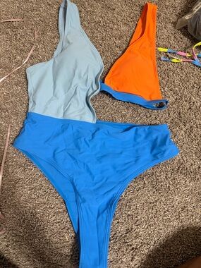 Colorblock Two-Piece Swim Set - Sky Blue, Bright Blue & Orange